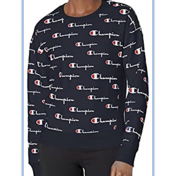 Champion Women’s Sm Reverse Weave Crew Sweatshirt Blue Logo Spellout Athleisure - Picture 1 of 8